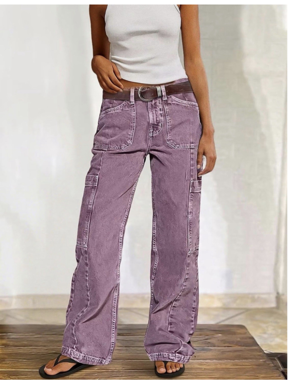 Flamingals Wide Leg Jeans for Women Mid Waist Baggy Stitch Decor Denim Washed S